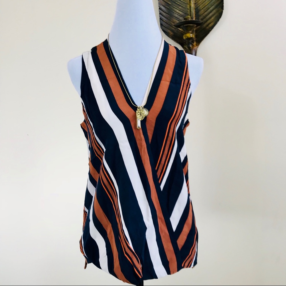 TopShop Draped Sleeveless Striped Navy/Camel Top - Picture 5 of 8